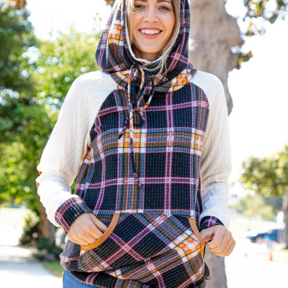 Multicolor Plaid Cable Knit Elbow Pad Hoodie - Picture 3 of 8